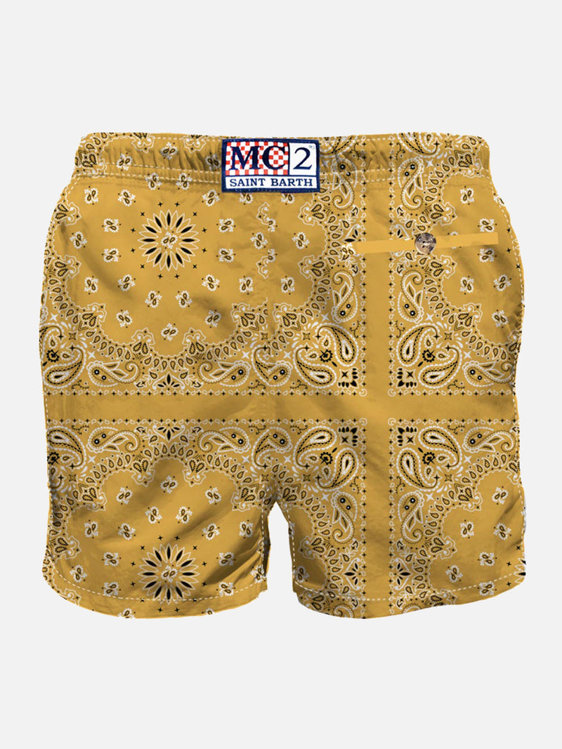 Man swim shorts with ochre bandanna print