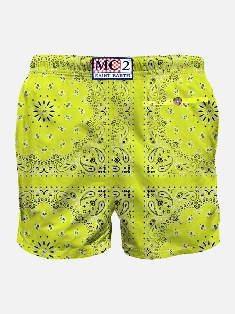 Man swim shorts with fluo yellow bandanna print