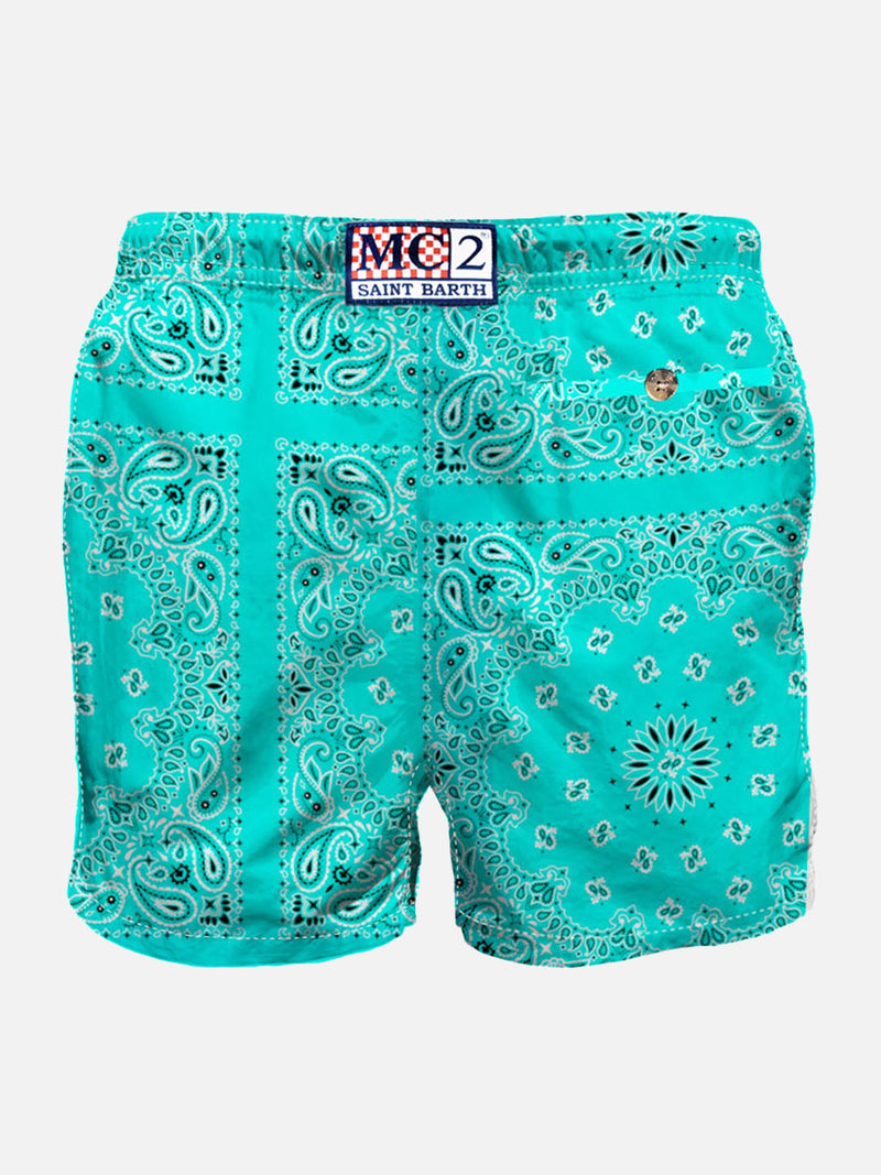 Man swim shorts with turquoise bandanna print