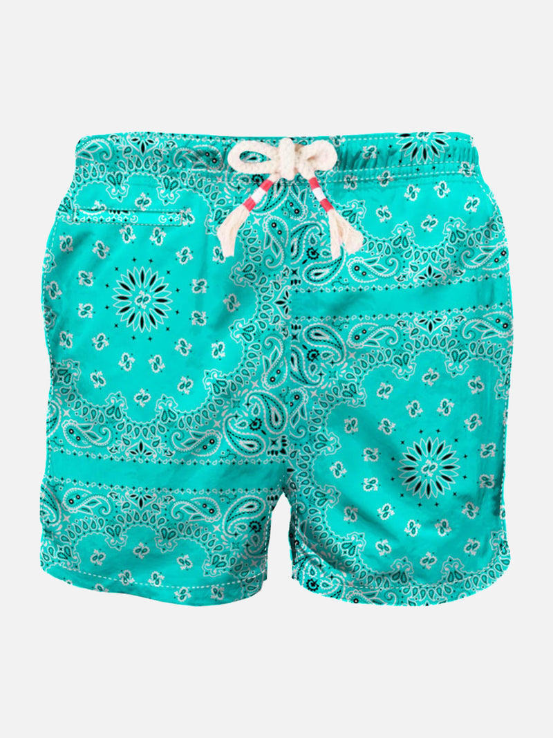 Man swim shorts with turquoise bandanna print