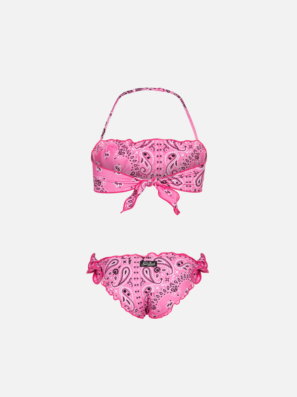 Girl bandeau bikini with pink bandanna print