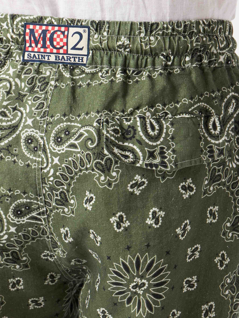 Man linen bermuda shorts with military green bandanna print