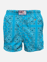 Man swim shorts with light blue bandanna print