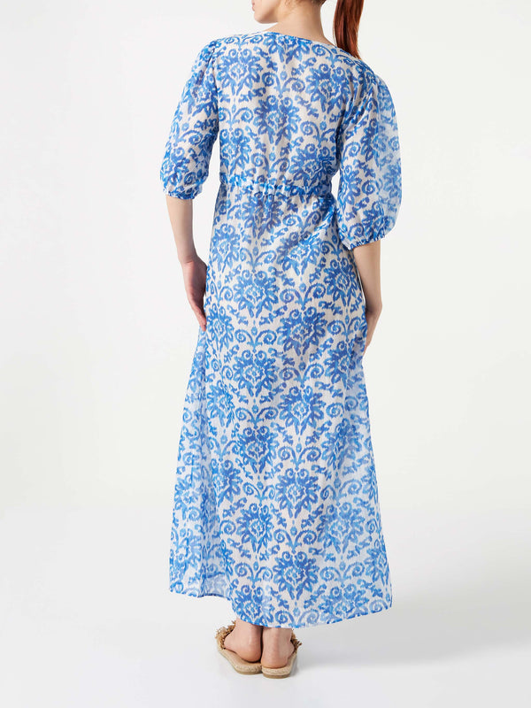 Cotton and silk long beach dress Bliss with ikat print