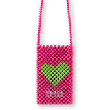 Pink beaded phone holder with green heart