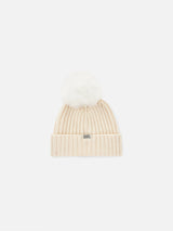 Woman white beanie with Too Cool embroidery and pompon