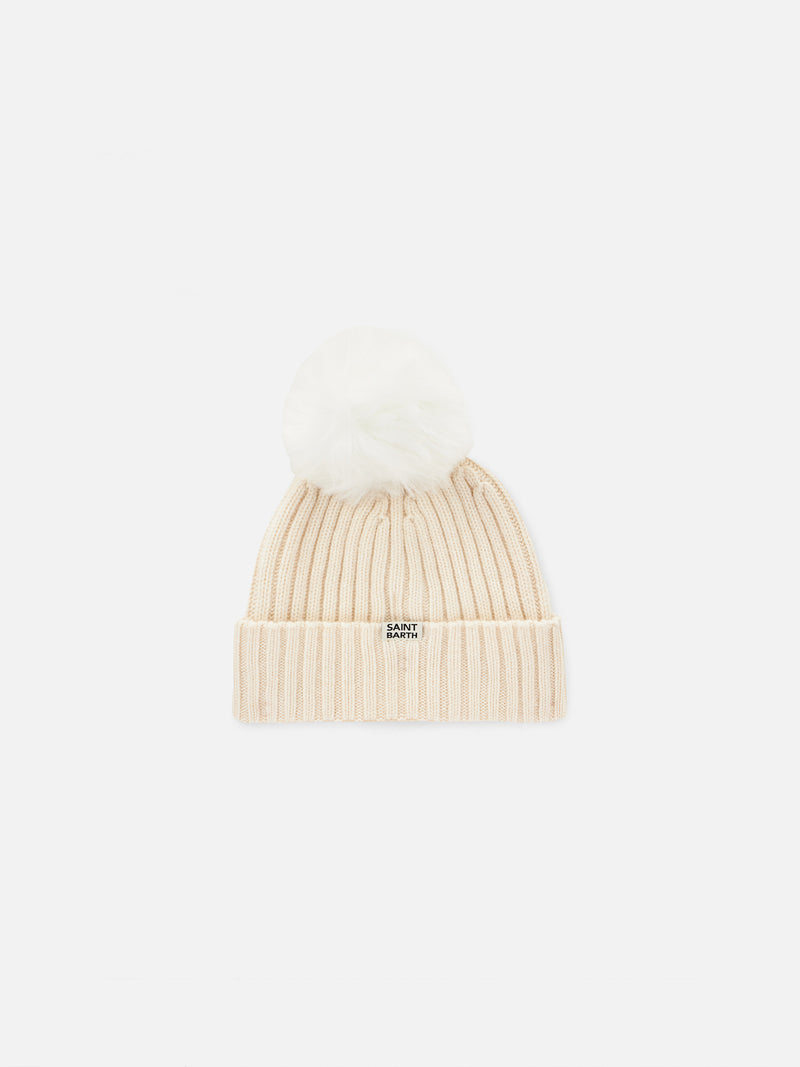 Woman white beanie with Too Cool embroidery and pompon