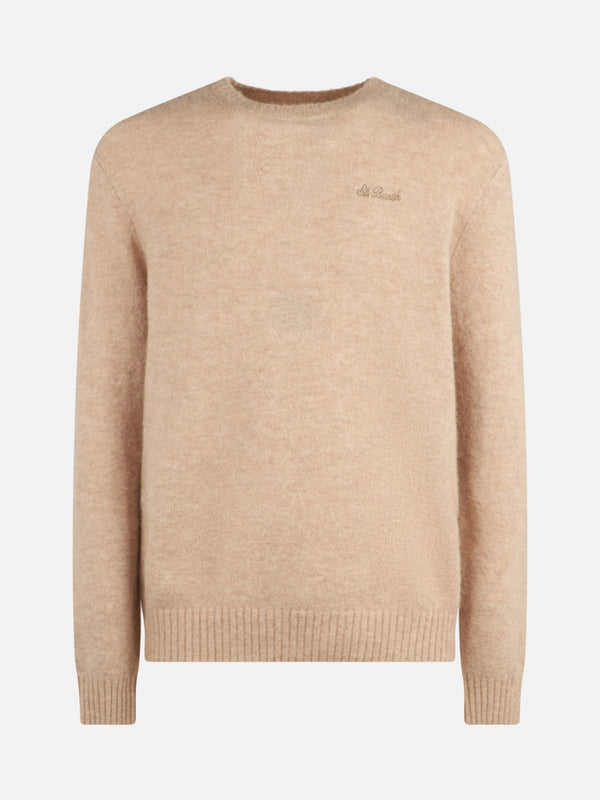 Man beige stretch wool sweater with St. Barth embroidery