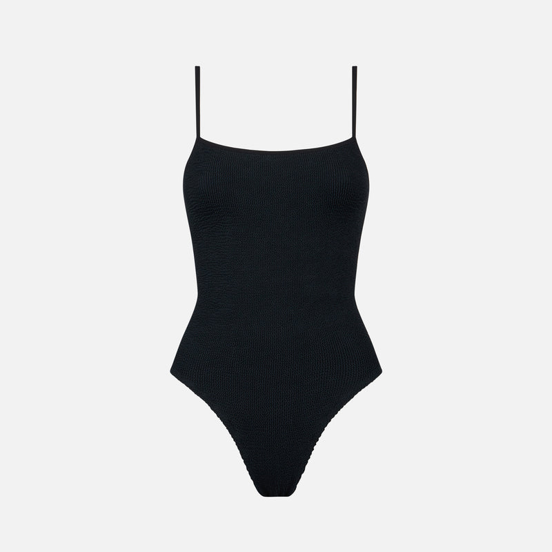 Woman black crinkle one piece swimsuit