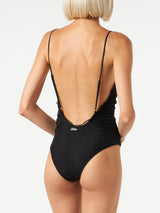 Black one piece swimsuit with tulle