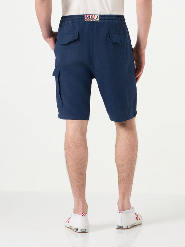 Man linen blue navy bermuda shorts