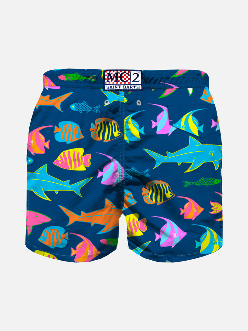 Colorful fish  print boy's blu swimshorts