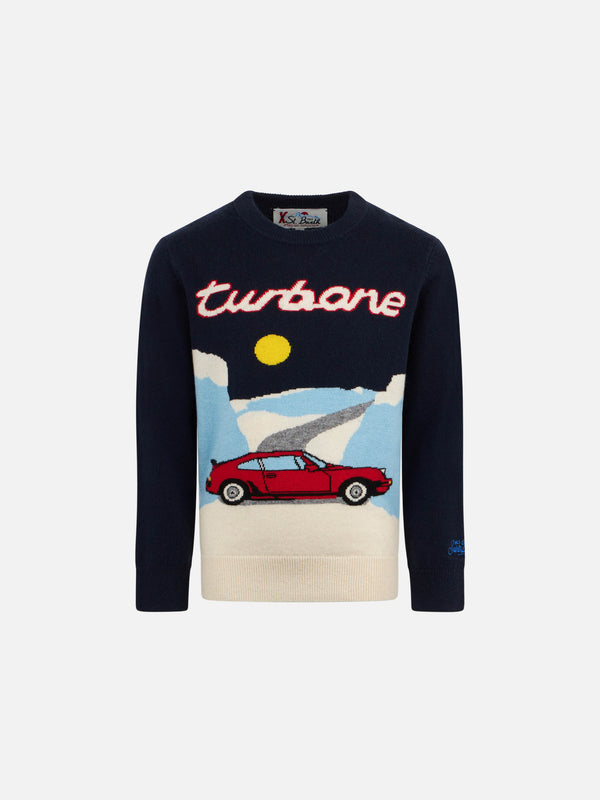 Boy crewneck sweater with car jacquard print