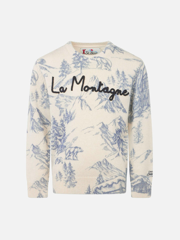 Boy crewneck toile de jouy sweater with La Montagne embroidery