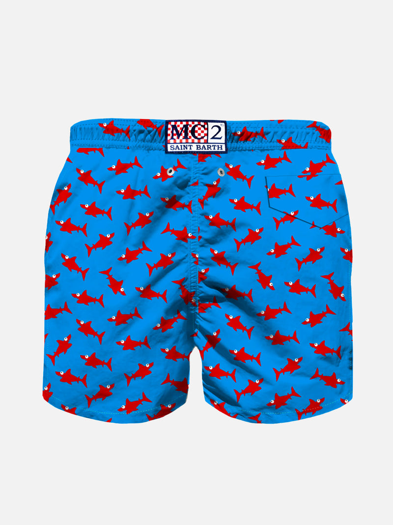 Boy swim shorts with red shark print