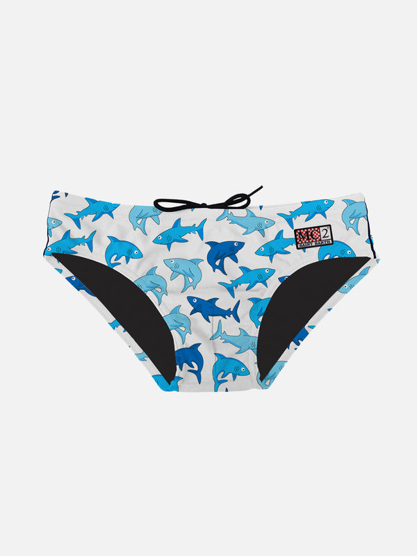 Boy swim briefs with light blue sharks print