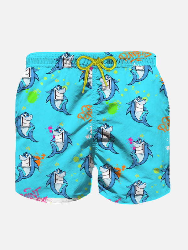 Boy light fabric swim shorts with Crypto shark print | CRYPTO PUPPETS SPECIAL EDITION