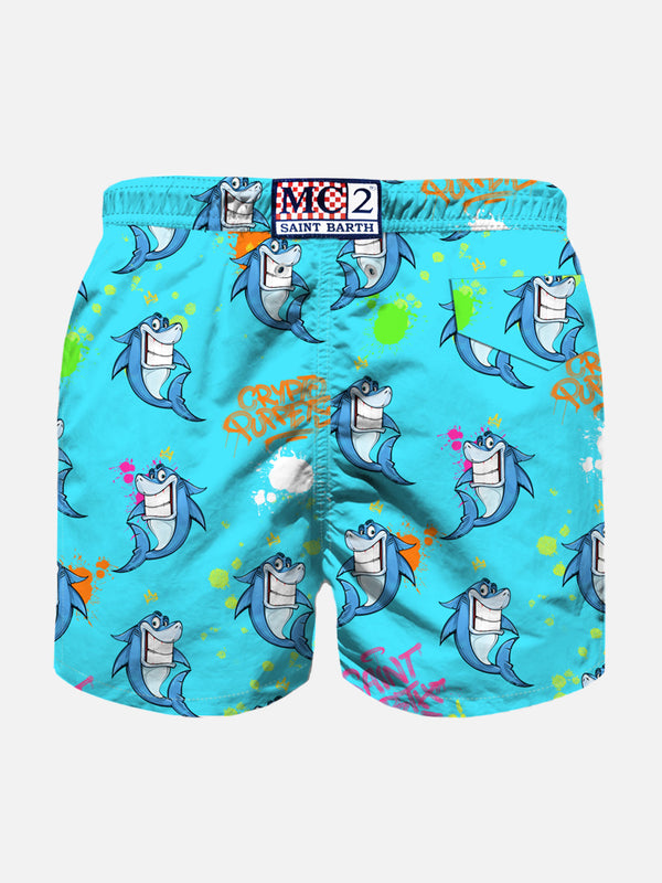 Boy light fabric swim shorts with Crypto shark print | CRYPTO PUPPETS SPECIAL EDITION