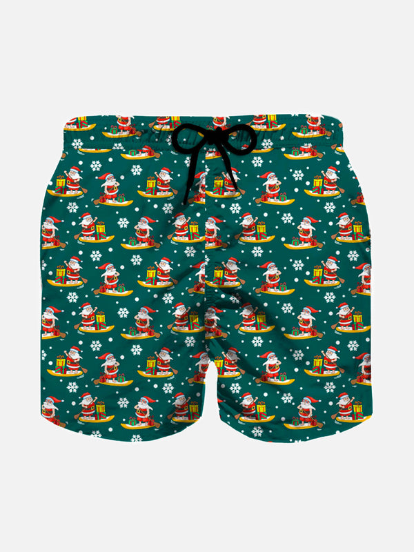 Boy light fabric swim shorts with paddle Santa print