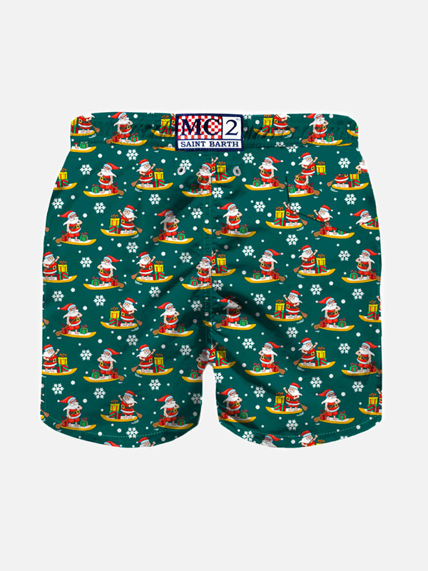 Boy light fabric swim shorts with paddle Santa print
