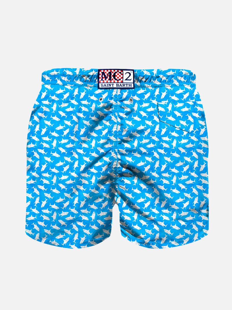Boy light fabric swim shorts with sharks print