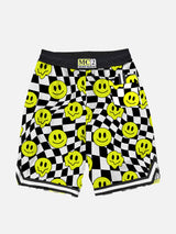 Boy long swim shorts with groovy smile pattern