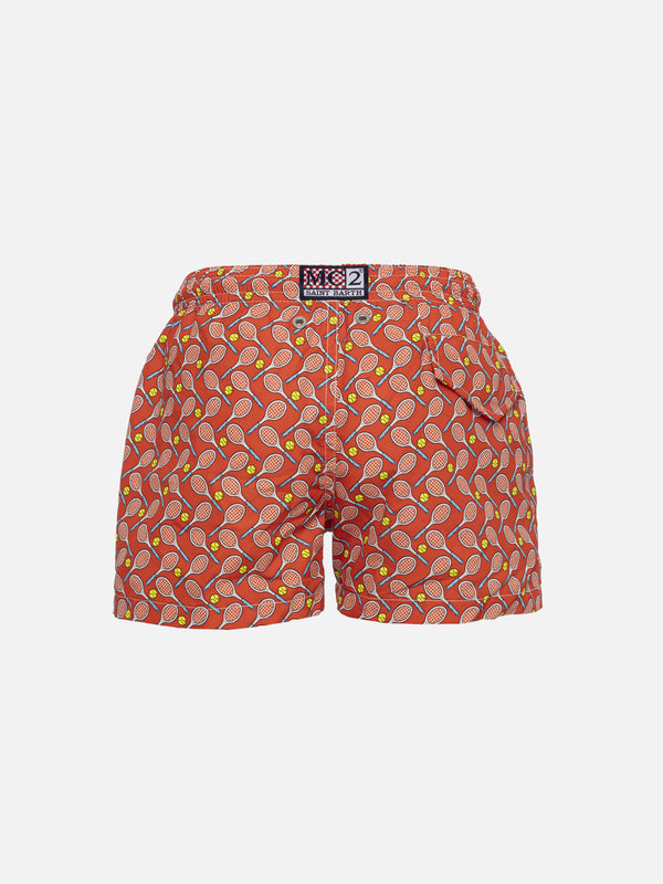 Boy lightweight fabric swim-shorts Jean Lighting with tennis print