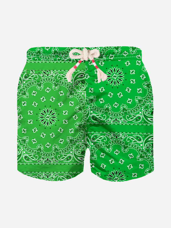 Boy swim shorts with green bandanna print