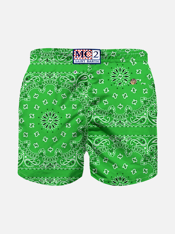 Boy swim shorts with green bandanna print