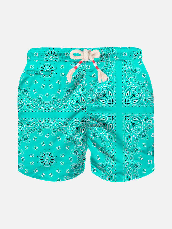 Boy swim shorts with water green bandanna print