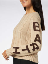 Woman crewneck braided sweater with Saint Barth lurex print