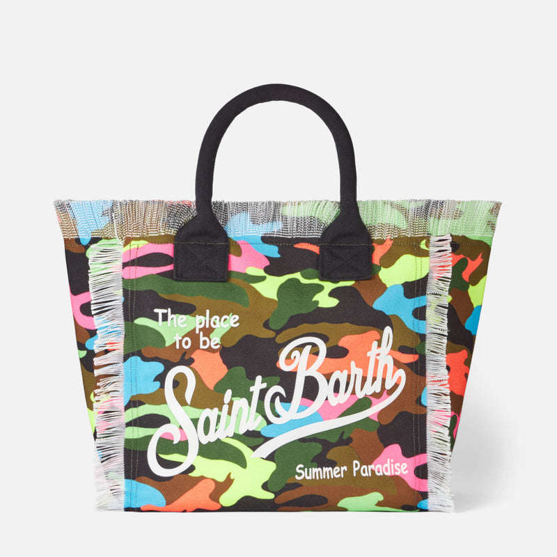 Vanity canvas shoulder bag with fluo camouflage print
