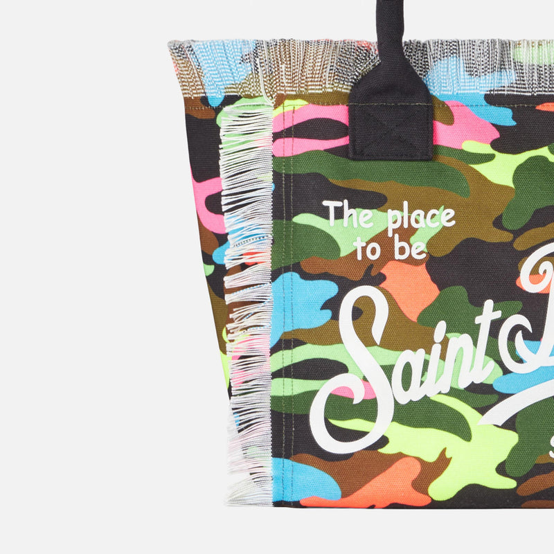 Vanity canvas shoulder bag with fluo camouflage print