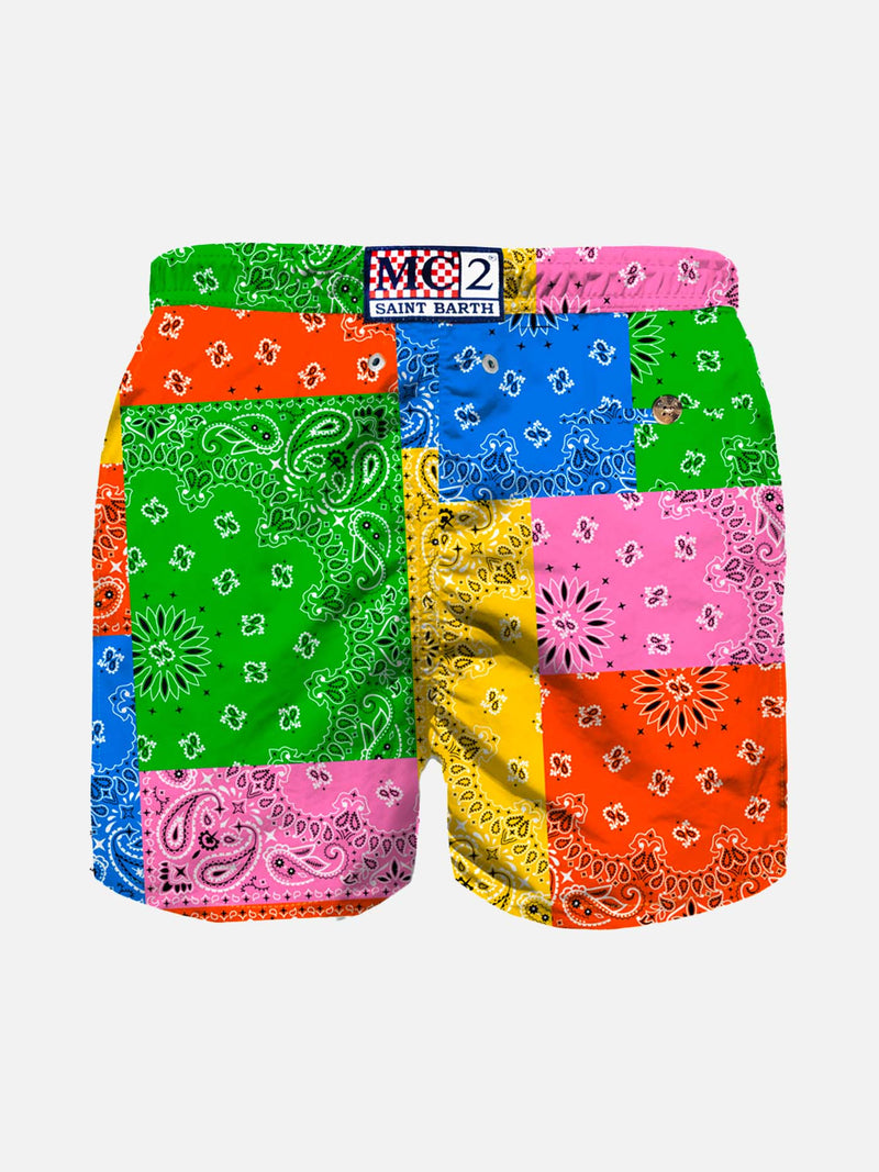Boy swim shorts with multicolor bandanna print