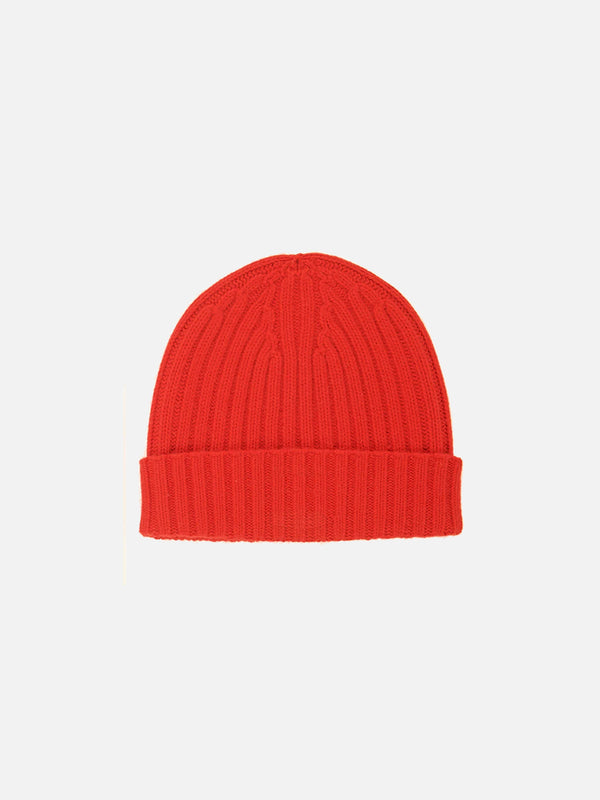 Cappello rosso in misto cashmere con patch check