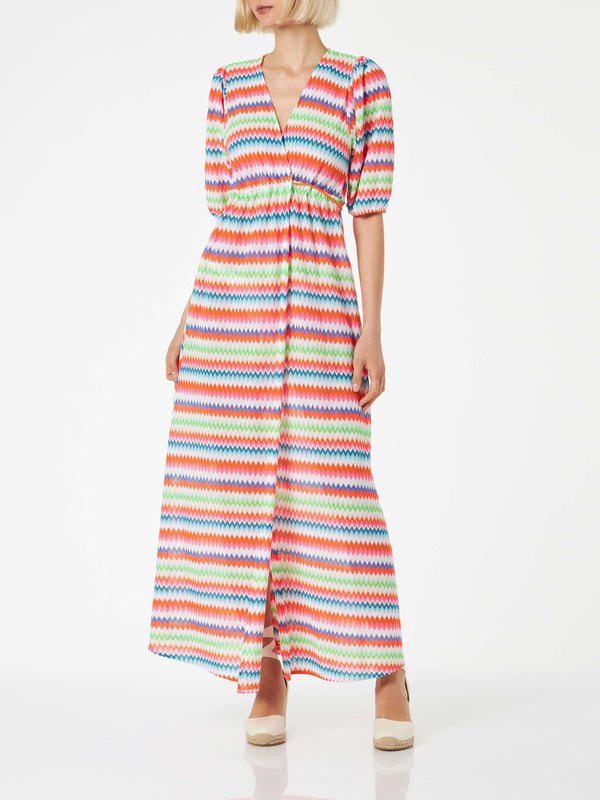 Chevron raschel knit long beach dress Bliss with striped pattern