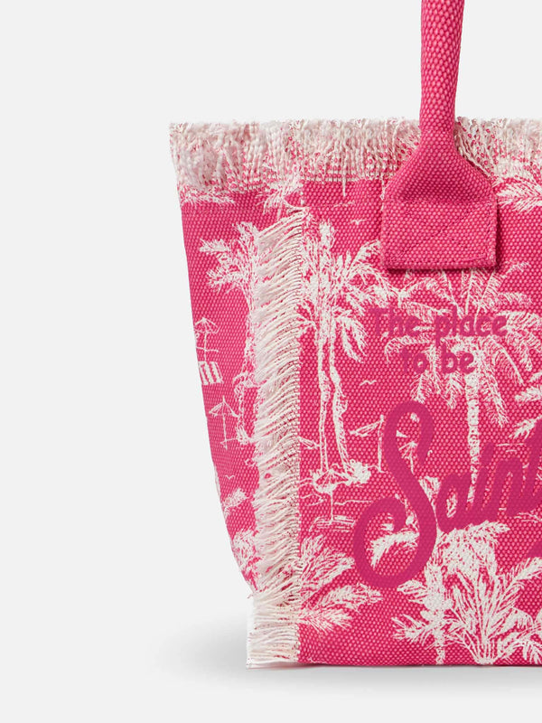 Rosafarbene Colette-Handtasche aus Baumwollcanvas mit Toile-de-Jouy-Print