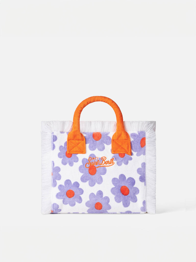 Colette terry handbag with violet and orange daisy print