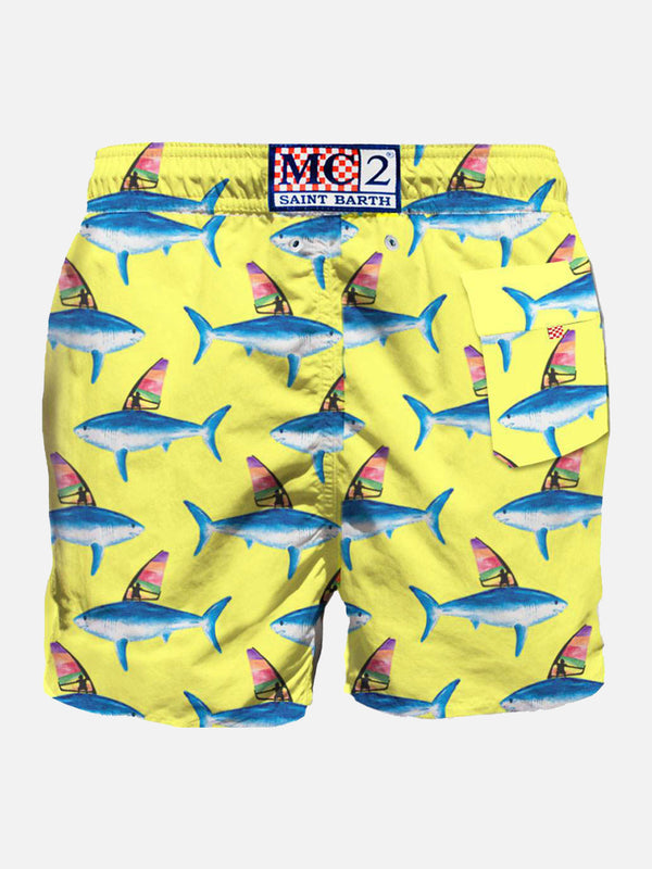Mid-length swim shorts with sharks print