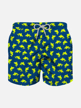 Boy light fabric swim shorts with fluo sharks print
