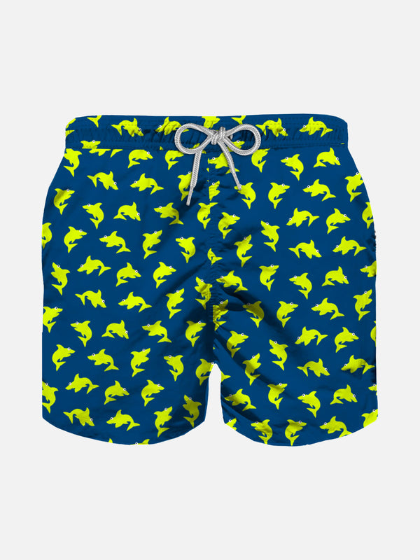 Badeshorts für Jungen aus leichtem Stoff mit fluoreszierendem Hai-Print
