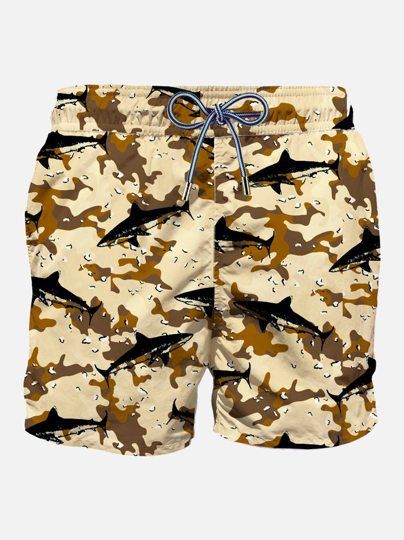 Flock fabric shark on camouflage background swim shorts