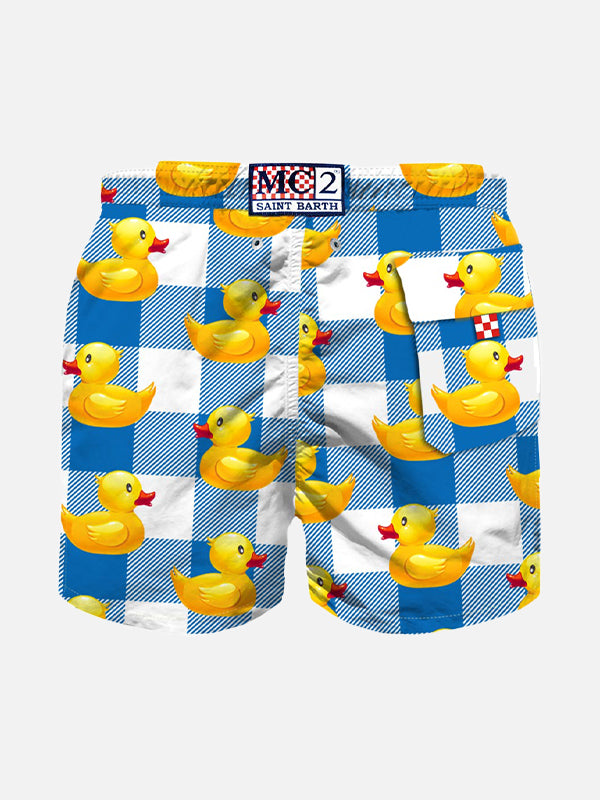 Boy swim shorts with gingham with ducky print