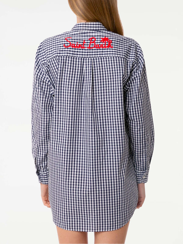 Blue navy gingham cotton shirt with embroidery