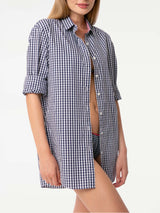 Blue navy gingham cotton shirt with embroidery
