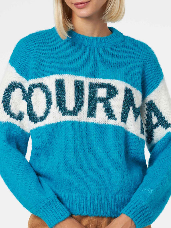 Woman boxy shape soft sweater with Courma jacquard print
