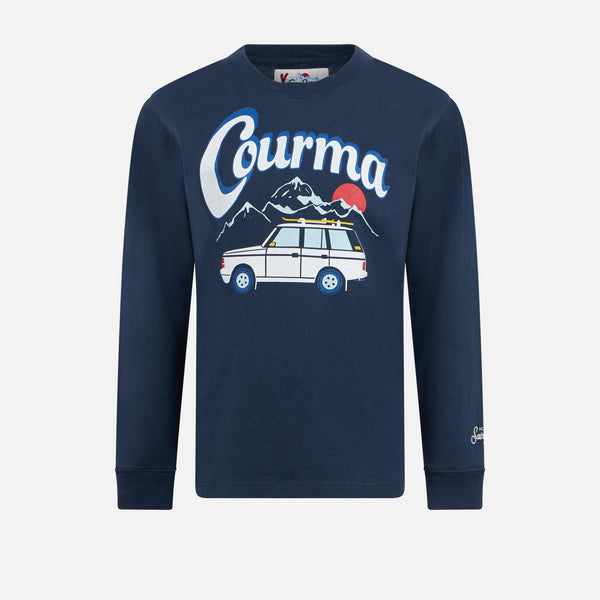 Boy heavy cotton t-shirt with Courma mountains car print