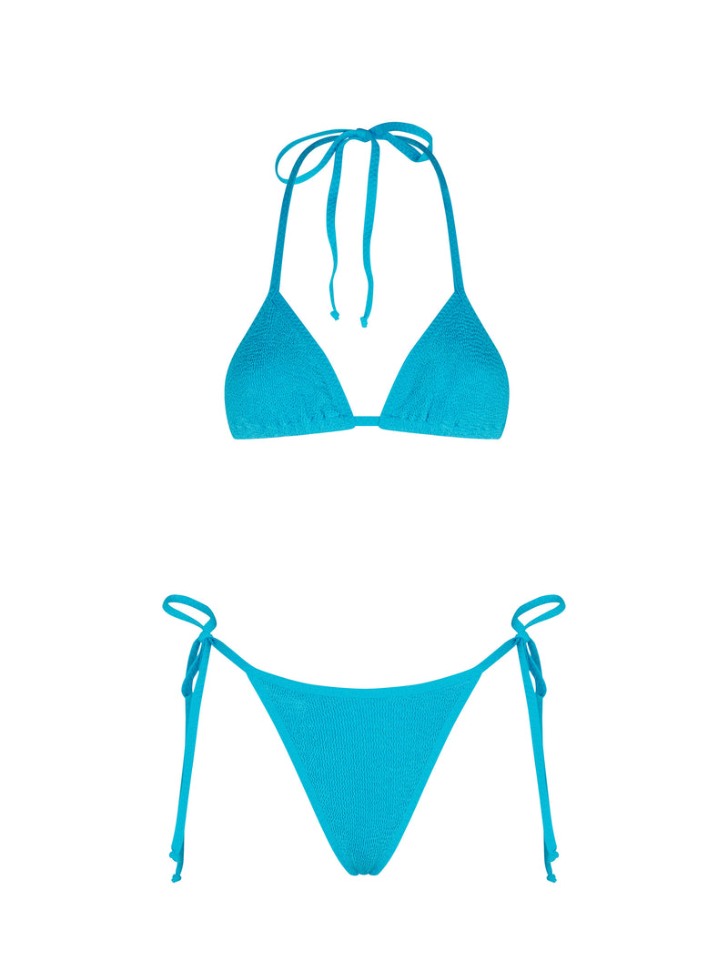 Woman turquoise crinkle triangle bikini