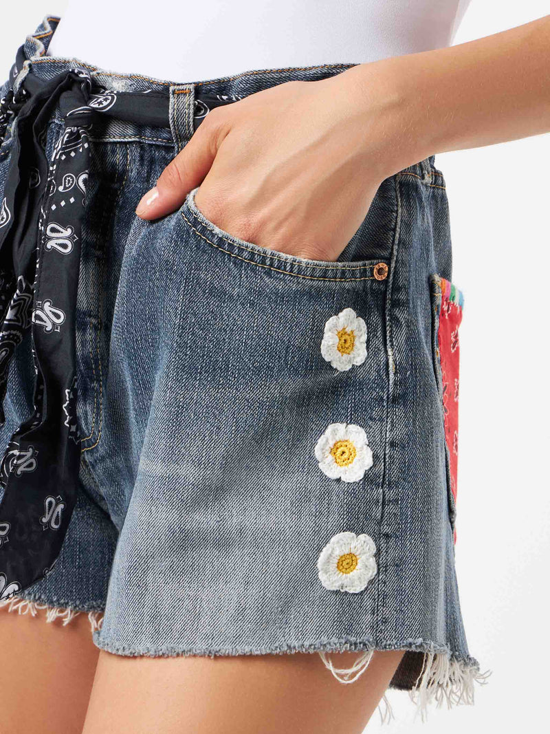 Woman upcycled denim shorts with embroidery