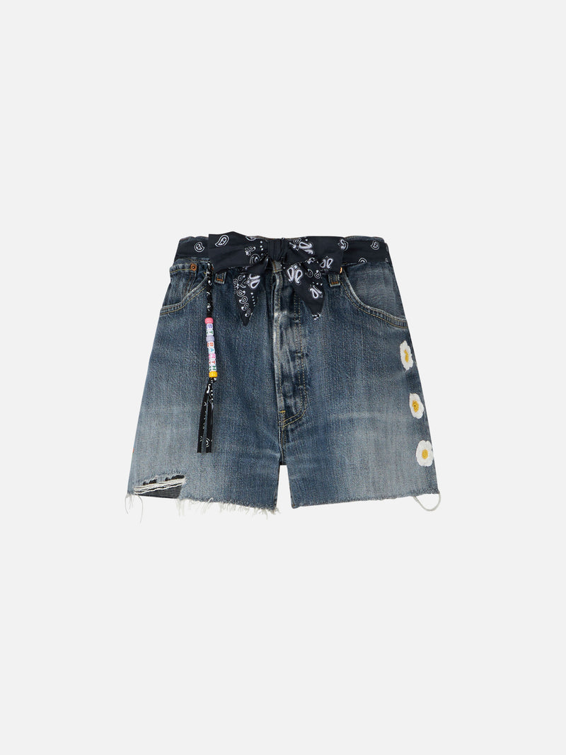 Woman upcycled denim shorts with embroidery